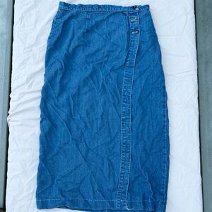 Vintage 90s Indigo Land Blue Midi Wrap Skirt Side Buttons, Boho Cottagecore